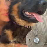 Person holding a German Shepherd dog with a necklace featuring a nose print pendant.